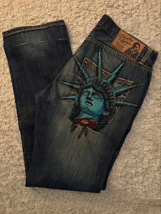 Y2k 2000s Statue of Liberty Klein Stone Jeans Pocket Hip Hop Pattern Embroidery Denim Pants High Waist Straight Wide Leg Jeans