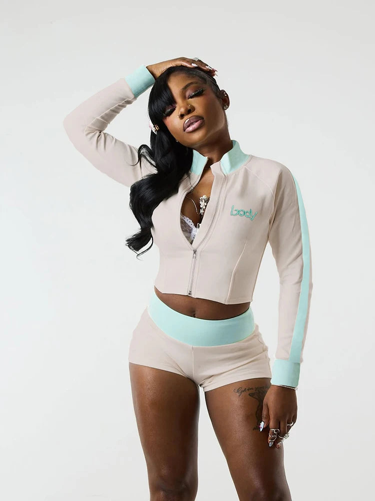 Sisterlinda Casual Sporty 2 Piece Set Women Letter Embroidery Zip Navel Exposed Jacket+Contrast Patchwork Shorts Simple Outfits