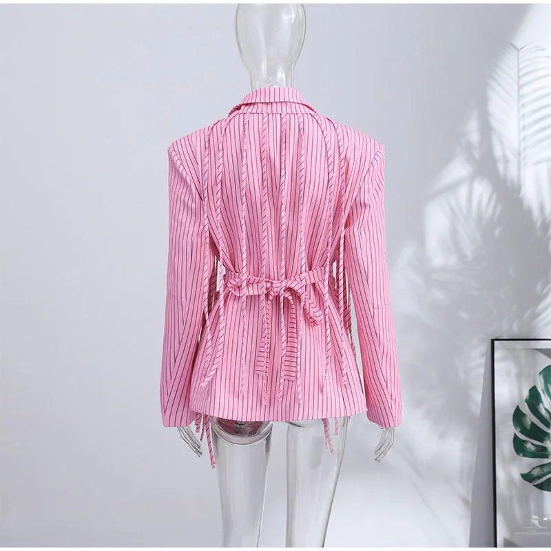 Striped Full Sleeve Blazer With Detachable Tassel Lapel for Women