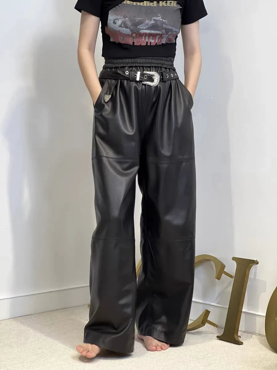 Y2K Cargo Pants Women High Waist Baggy Pants 2025 New Korean Fashion Wide Leg Genuine Leather Trousers Streetwear Loose Style