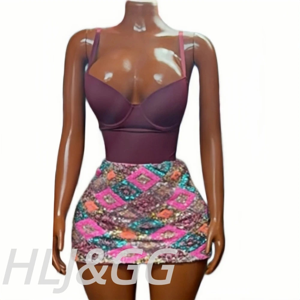 Glam Sequin Mini Skirt Set With Spaghetti Strap V Neck Bodysuit for Women