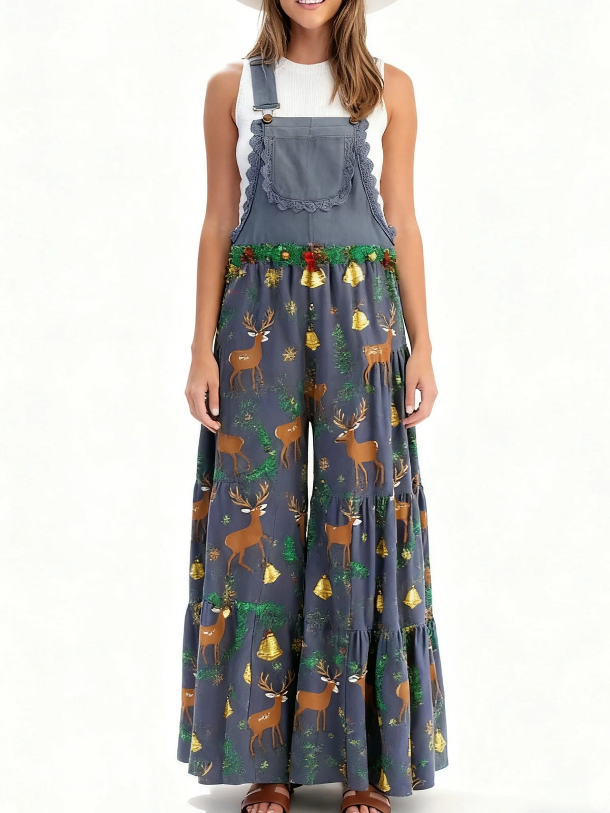 Christmas Print Wide Leg Lace Patchwork Jumpsuit for Women