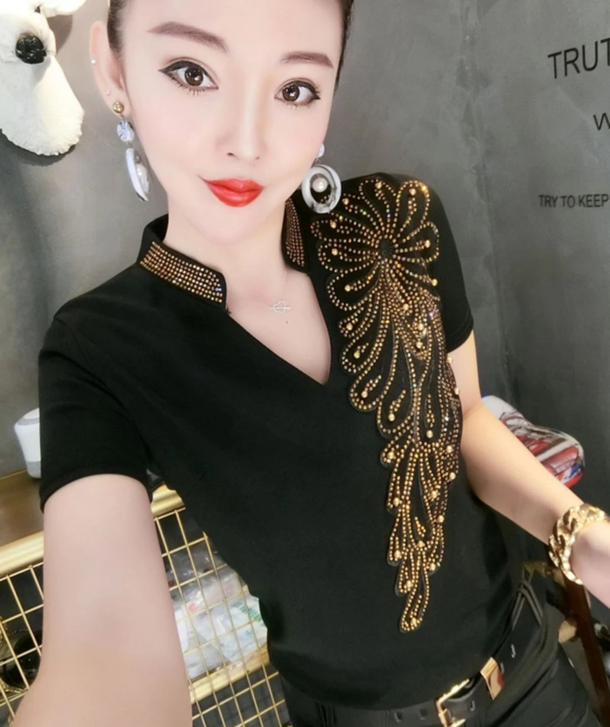 Sequin Women Tops Sleeve Polo Shirt Rhinestone Pulovers Vintage Glitter Luxury Women's Blouses Promotion Free Delivery Neck Cute