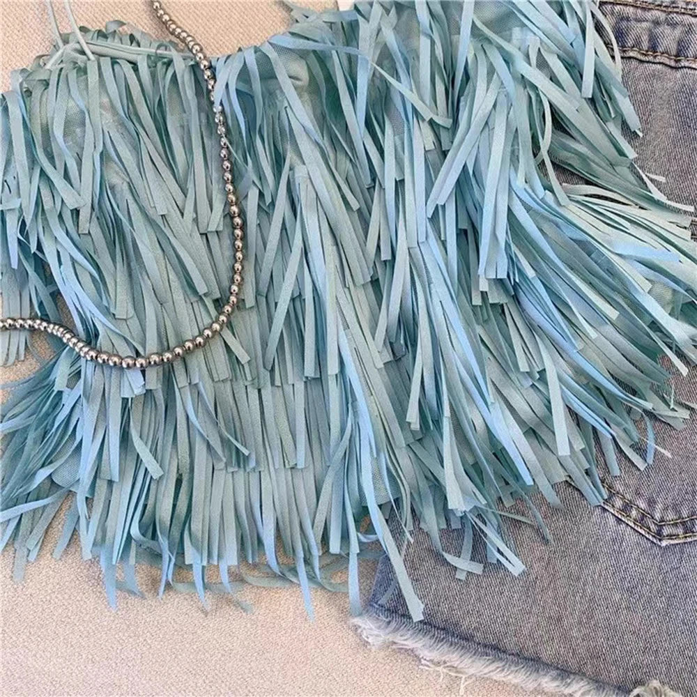 Chic Blue Fringe Tassel Halter Summer Top for Women
