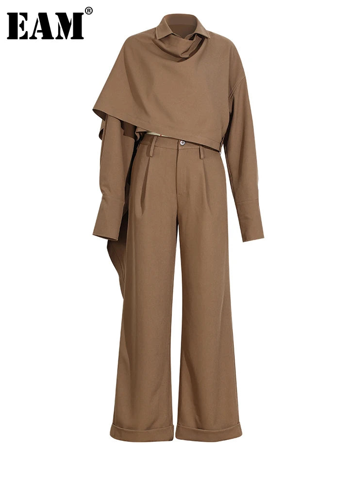 Caramel Shirt and Wide Leg Pants Two Piece Set for Women