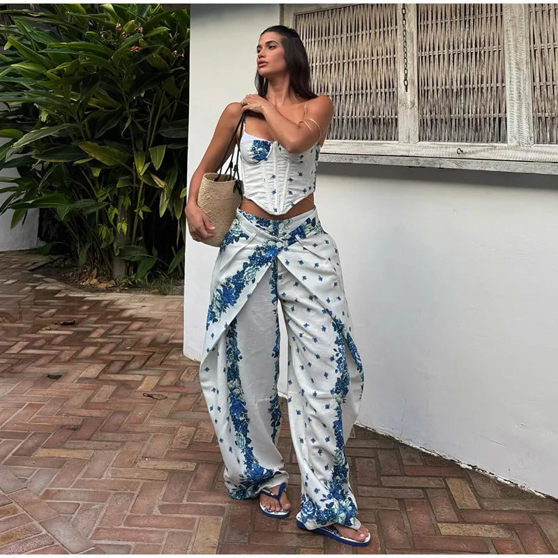 Printed Fishbone Top And Pleated Pants Two Piece Set For Women