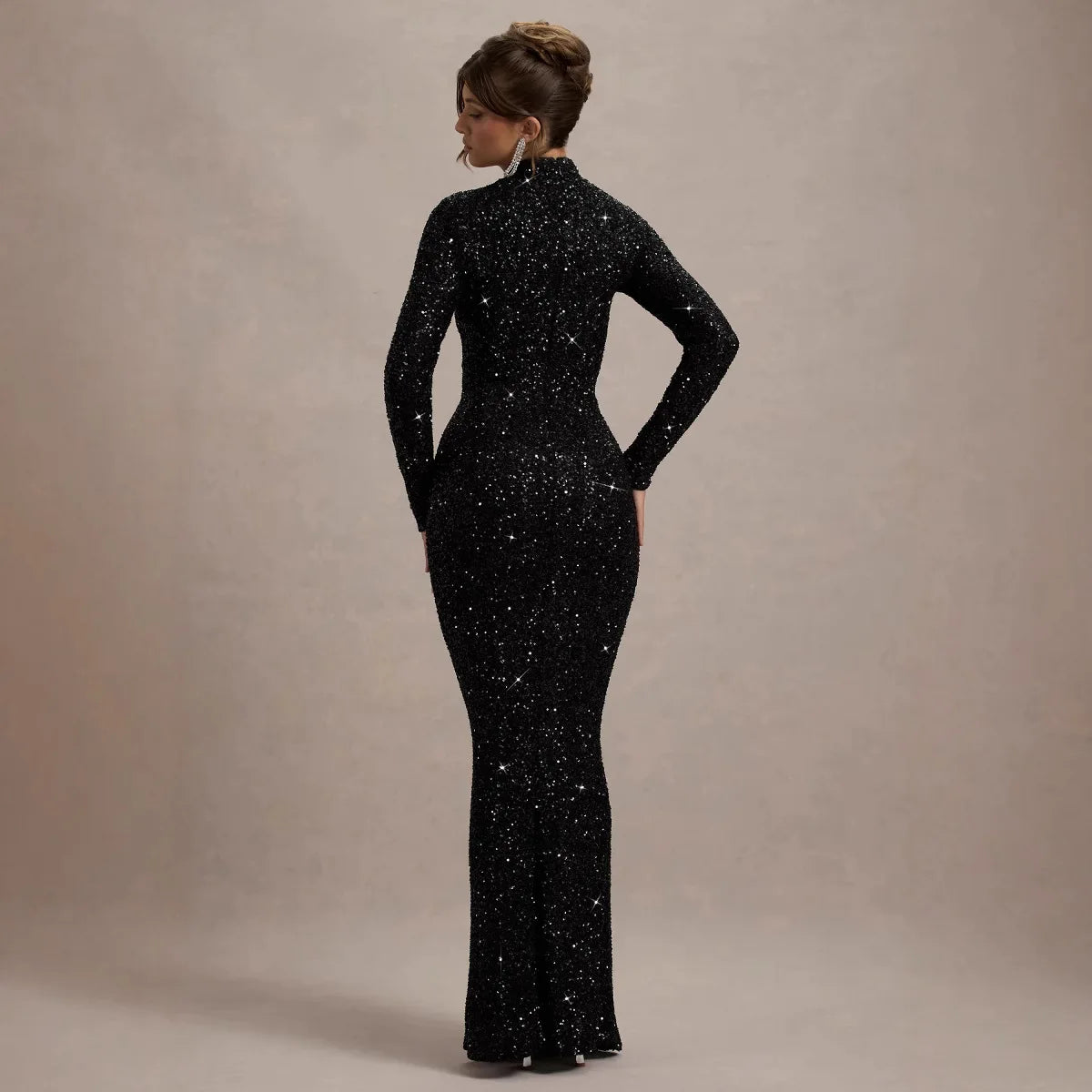 Elegant Sequined Black Long Sleeve Turtleneck Dress for Women