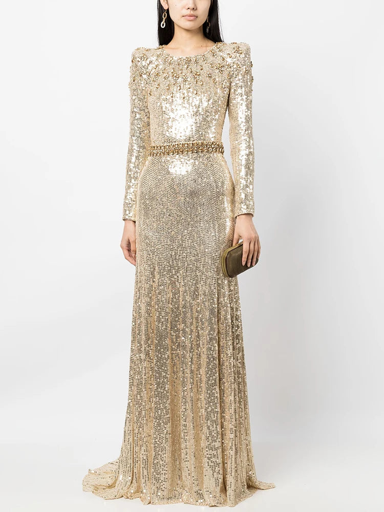 HIGH STREET Newest Fashion 2026 Designer Party Vestido Women's Long Sleeve Gold Sequined Diamonds Long Maxi Dress