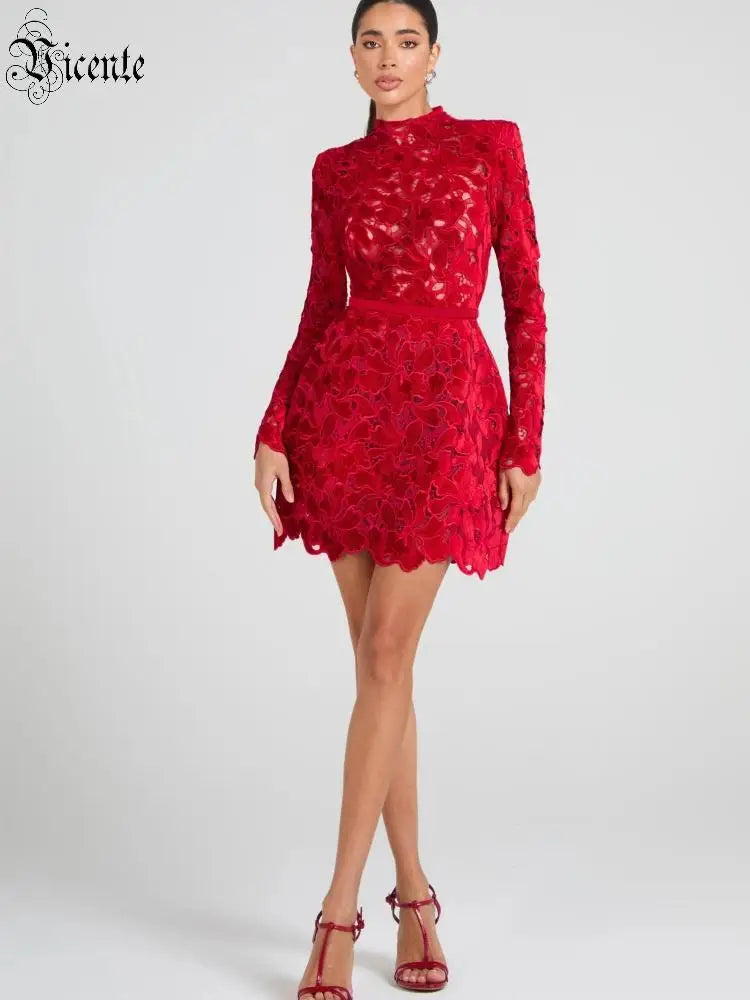 Retro Glamour Red Lace Waist-Cinched Mini Dress for Women