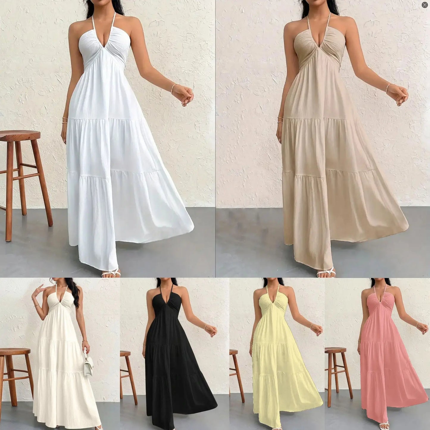 Summer 2026 Women's Trendy Deep V Shoulder Bohemian Style Dress with Belt for Wedding Festival Party Casual Wear