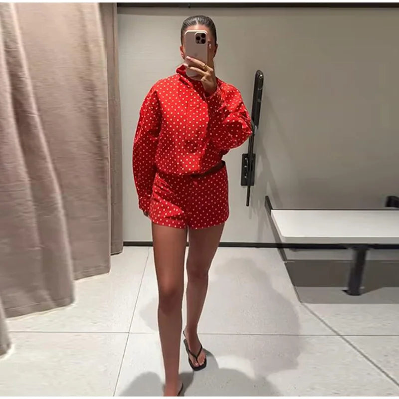 Polka Dot Stand Collar Jacket And High Waist Shorts For Women