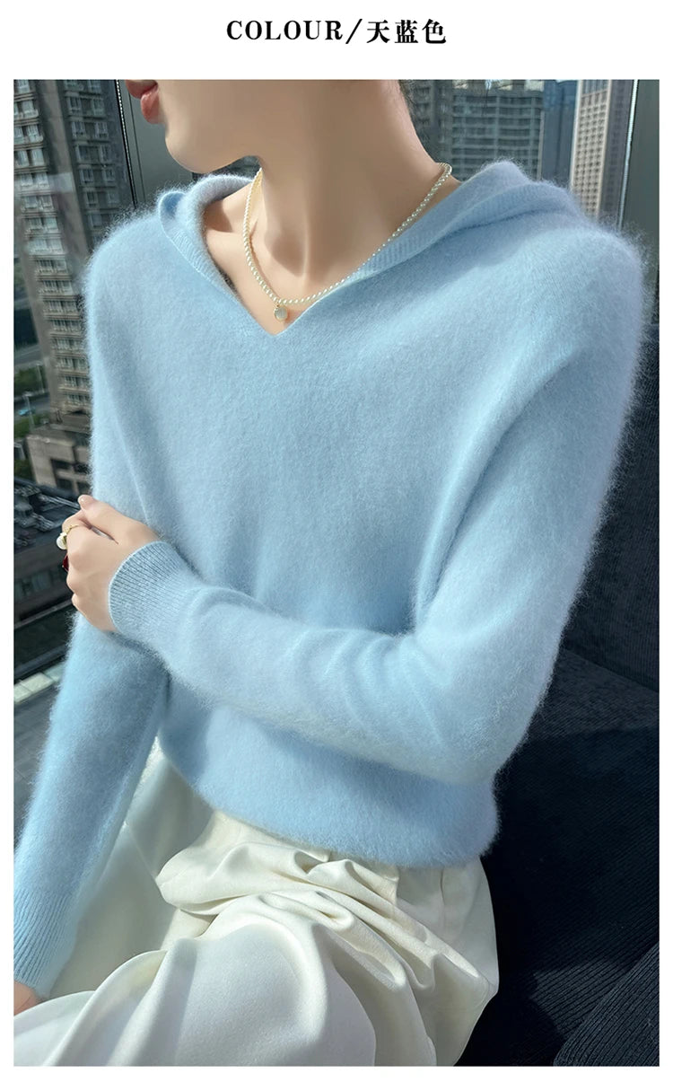 Loose Fit Thick Knit Hooded V-Neck Sweater for Women
