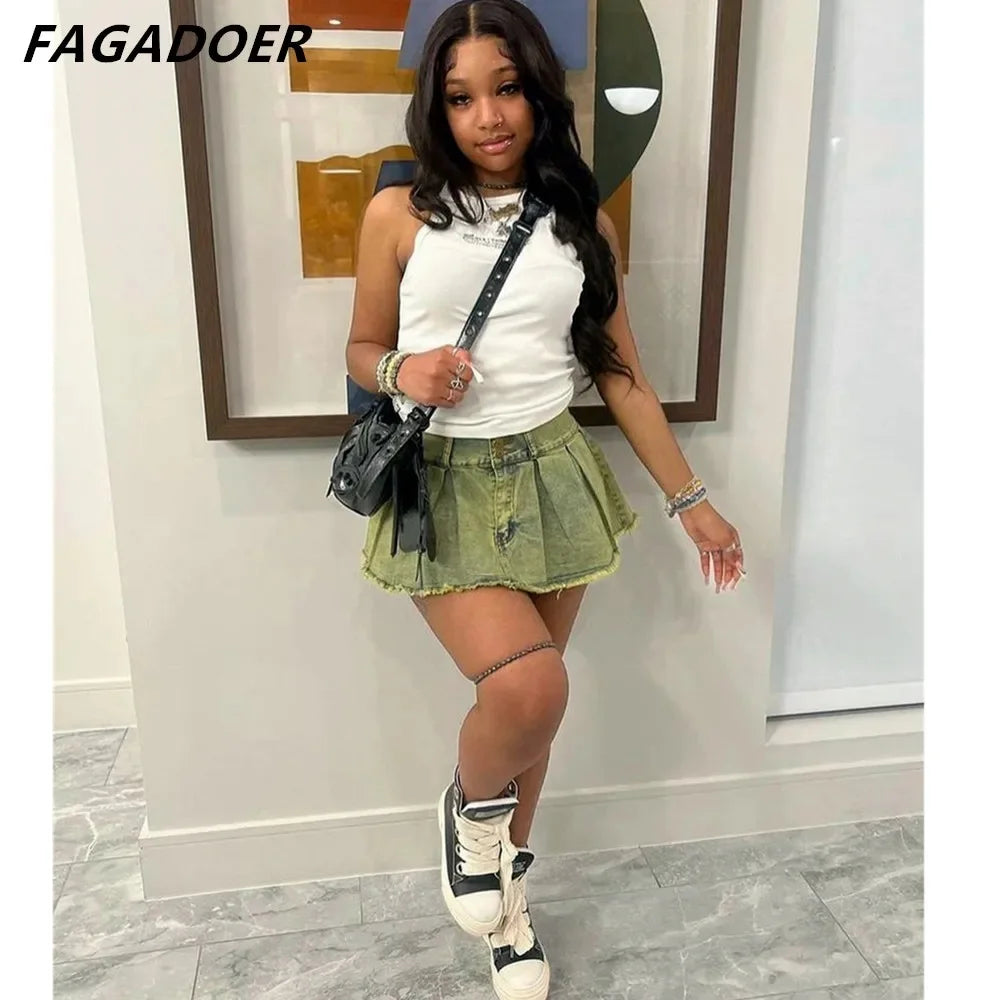 FAGADOER Y2k Denim Shorts Women Pleated Skirt Shorts Summer Stretchy Casual Shorts Retro 90s Fashion Streetwear Short Pants