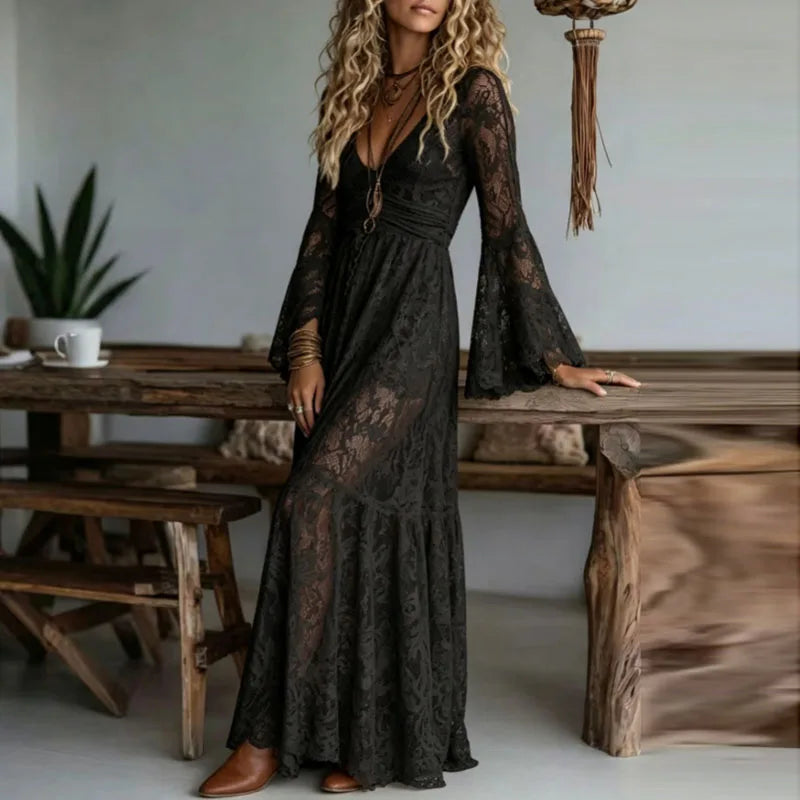 Elegant Deep V Neck Lace Embroidered Maxi Dress for Women
