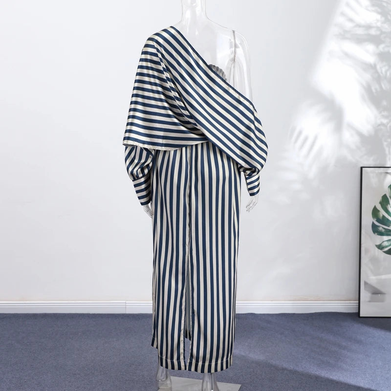 Striped Strapless Maxi Dress Set With Detachable Shawl for Women