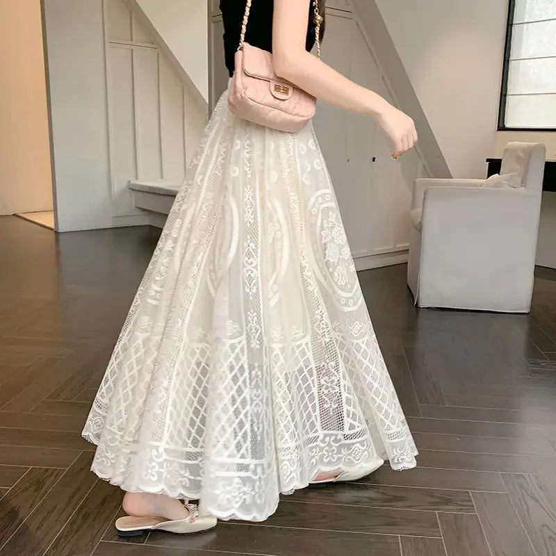 High Waisted Lace A Line Swing Midi Skirt for Women