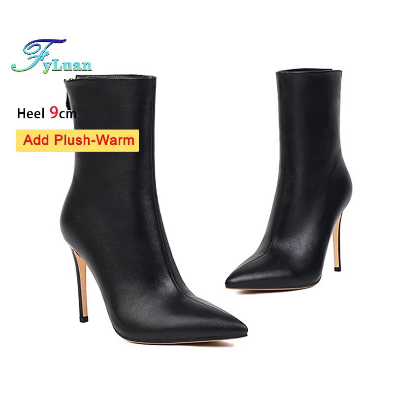 Elegant Plus Size Leather Pointed Toe High Heel Ankle Boots for Women