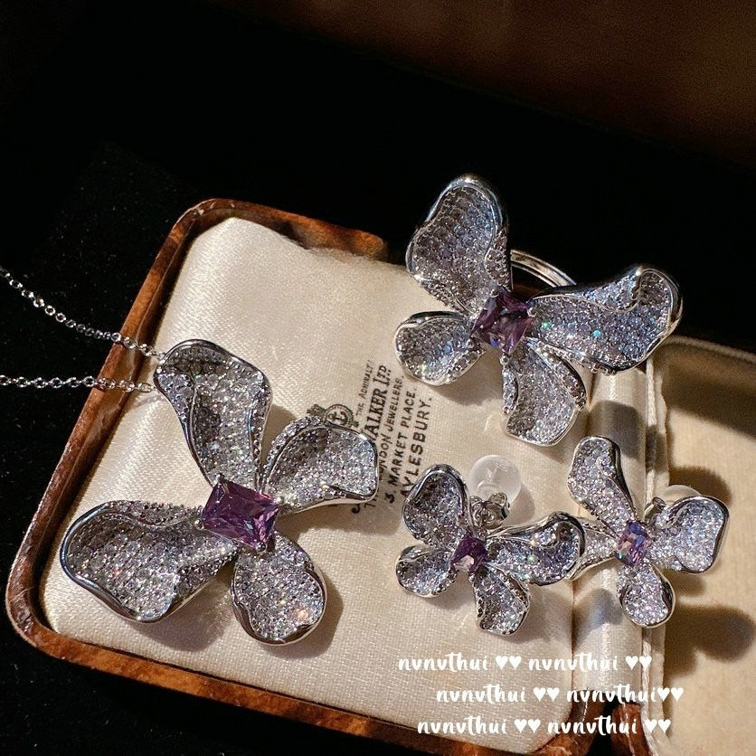 Sparkling Butterfly Zircon Necklace Ring and Earring Set for Women