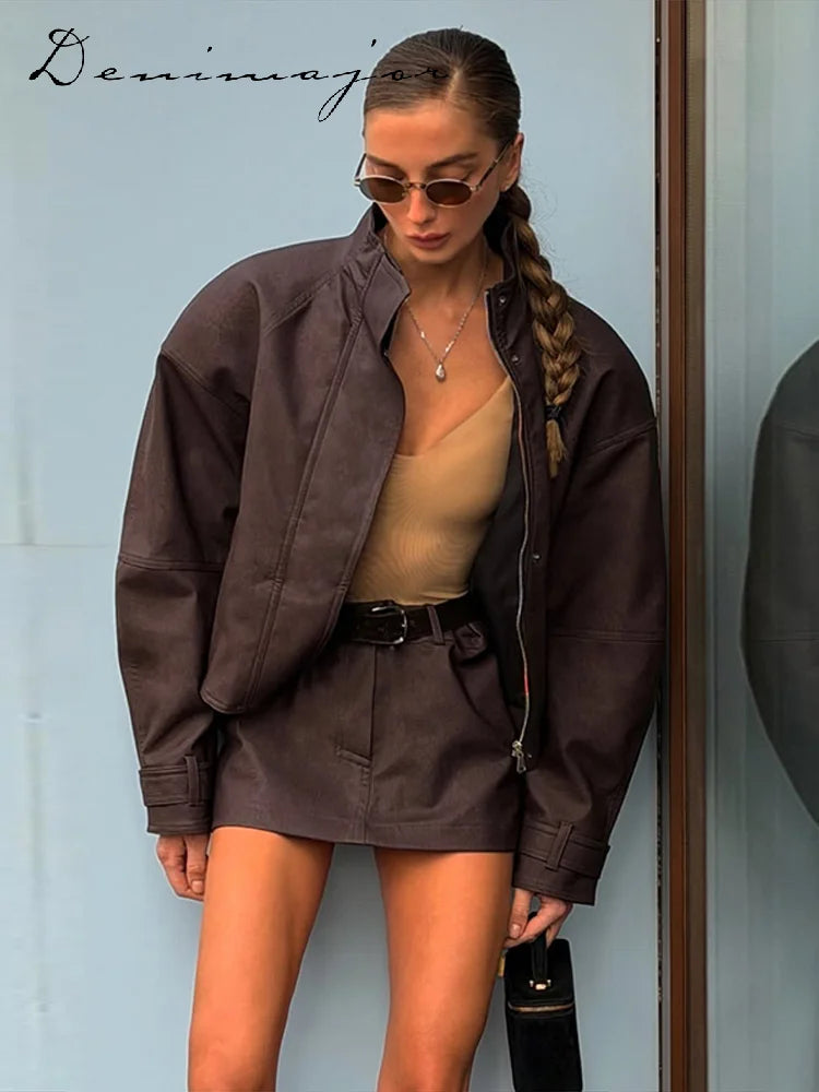 Vintage Suede Jacket and Mini Skirt Two Piece Set for Women