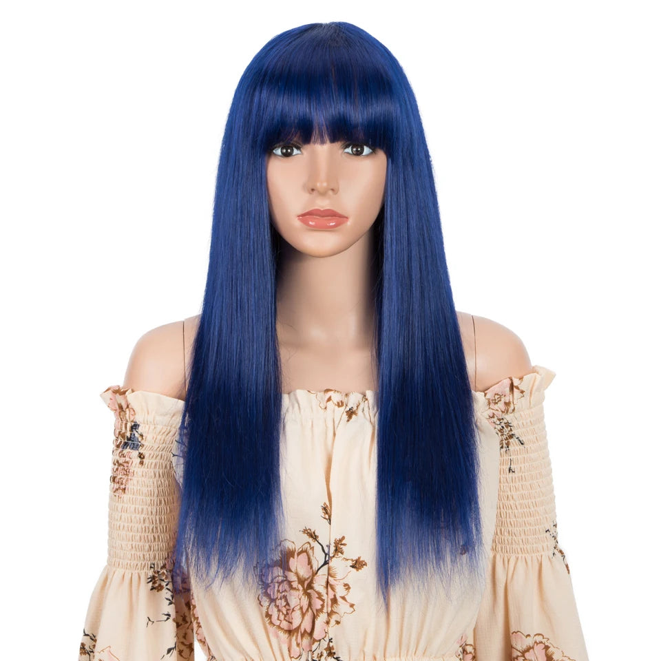Royal Blue Straight Human Hair Wig With Bangs for Women