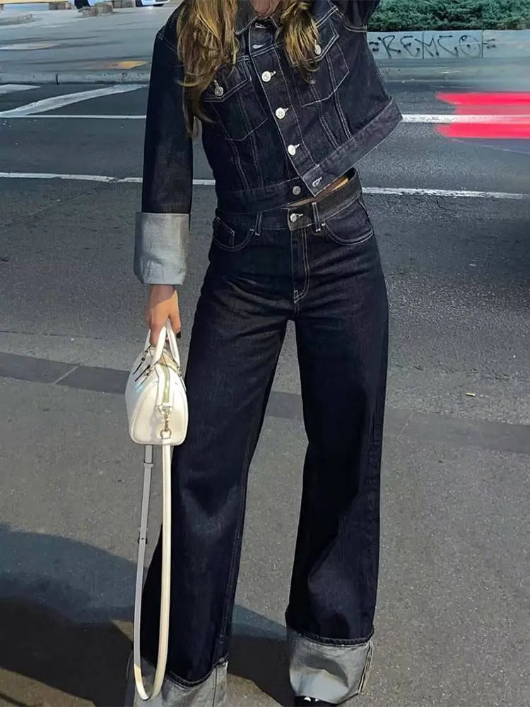 Retro Spliced Street Denim Two Piece Set for Women