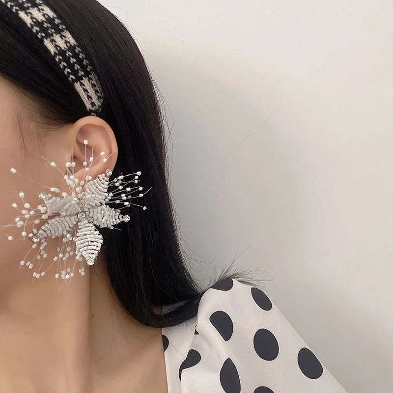Hand-made Beaded Flower Exaggerated Earrings Party Wedding Bride Fashion Earrings for Women