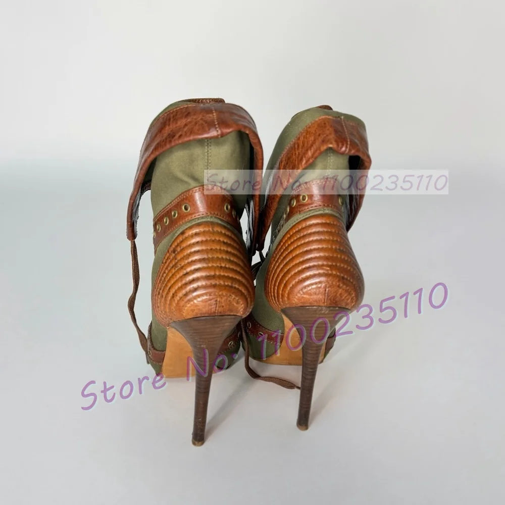 Army Green Denim Patchwork Cross Strap Sandals for Women