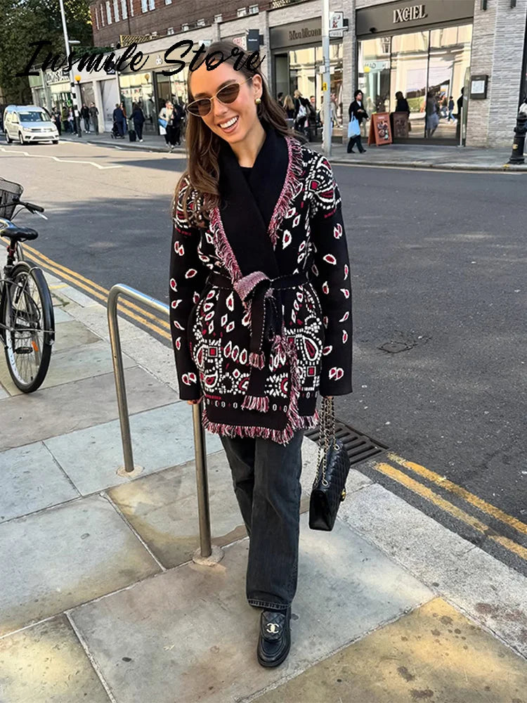 Casual Tassel Knit Open Front Long Cardigan for Women