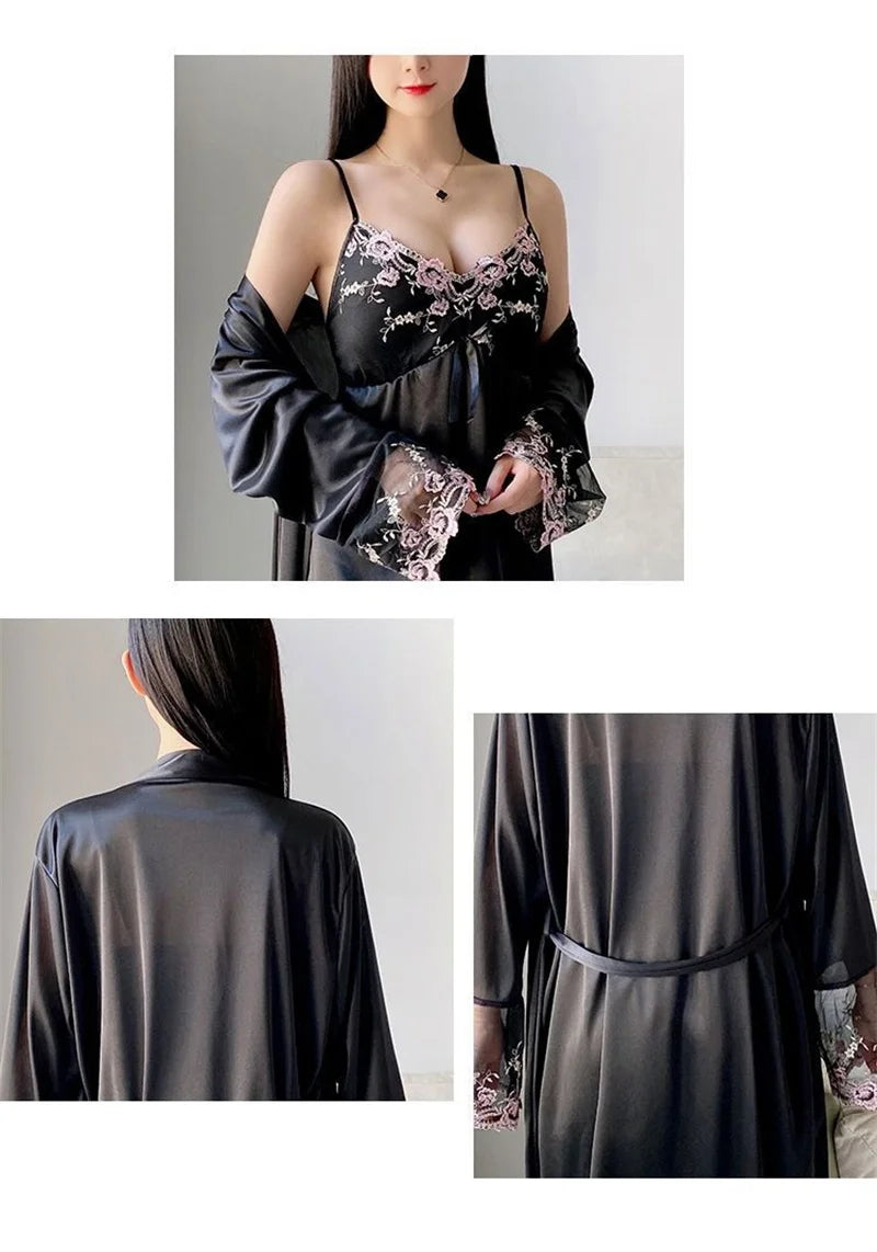 Comfortable Relaxed Fit Lace Up Two Piece Robe Set For Women