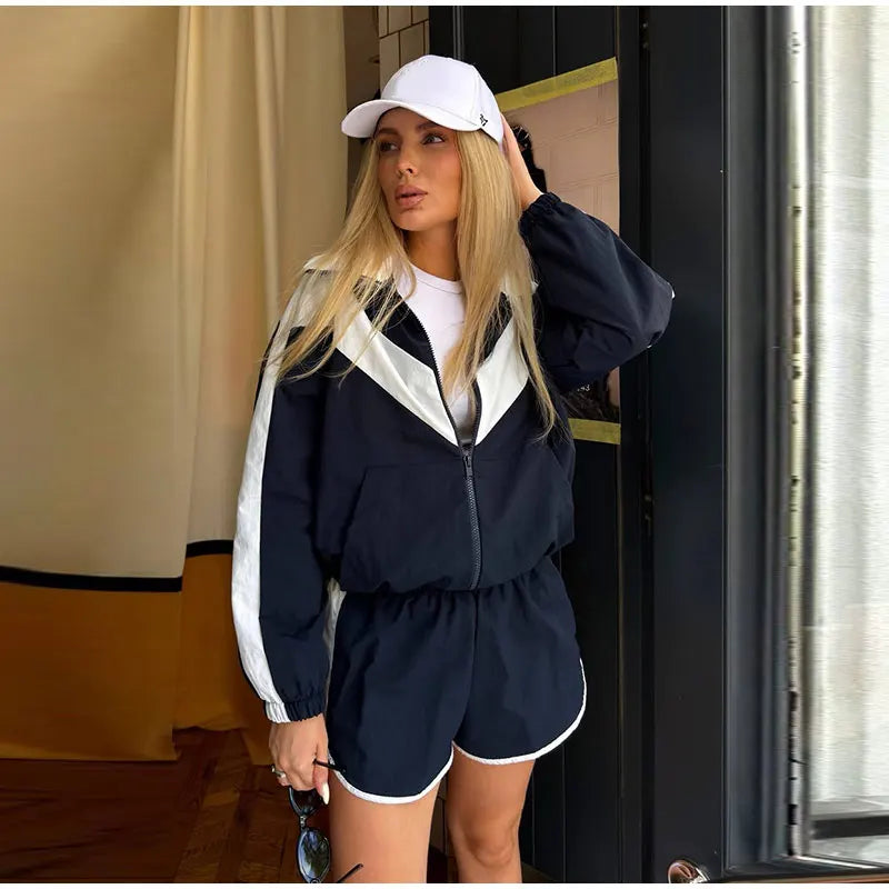 Color Block Zip Up Tracksuit With High Waist Shorts For Women