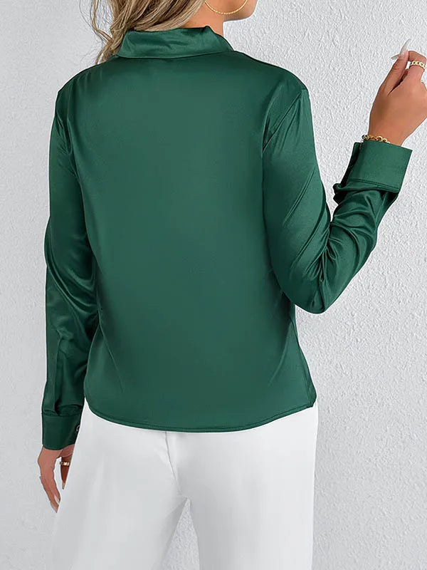 Bonboho 2026 New Women's Solid Color Silky Shirt V-neck Long Sleeves Elegant Blouse for Female Elegant Pullover Work Shirts