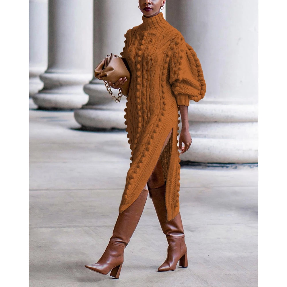 Autumn Women High Neck Twist Rope Lantern Sleeve Side Slit Knitted Sweater Dress New Fashion Femme Casual Dress Robe Clothing