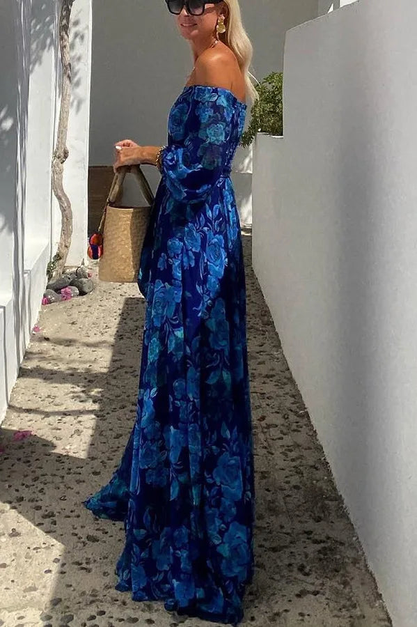 Vintage Pattern Print Long Dress Women Sexy Off Shoulder Long Sleeve Party Dress Fashion Waist Pleat Loose Hem Beach Dress