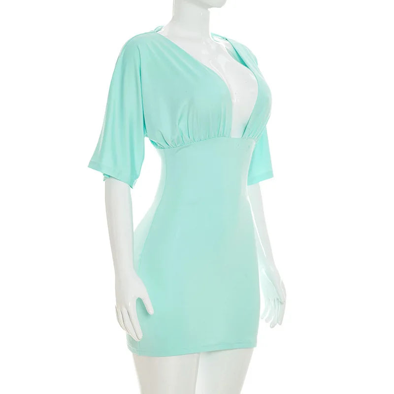 Blue V-Neck Short Sleeve Stretch Mini Dress for Women