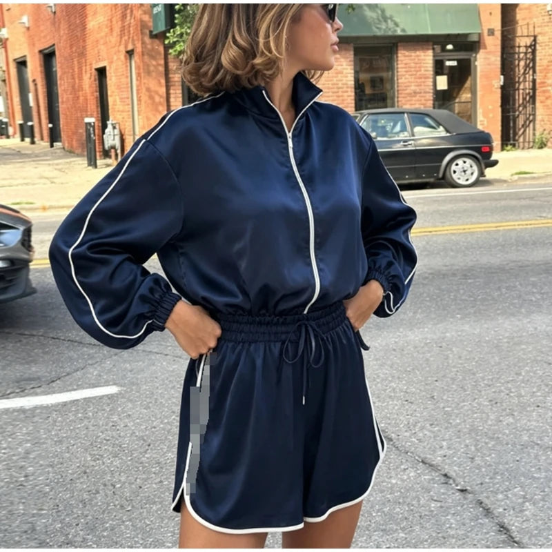 Relaxed Fit Casual Solid Coat Shorts Set for Women