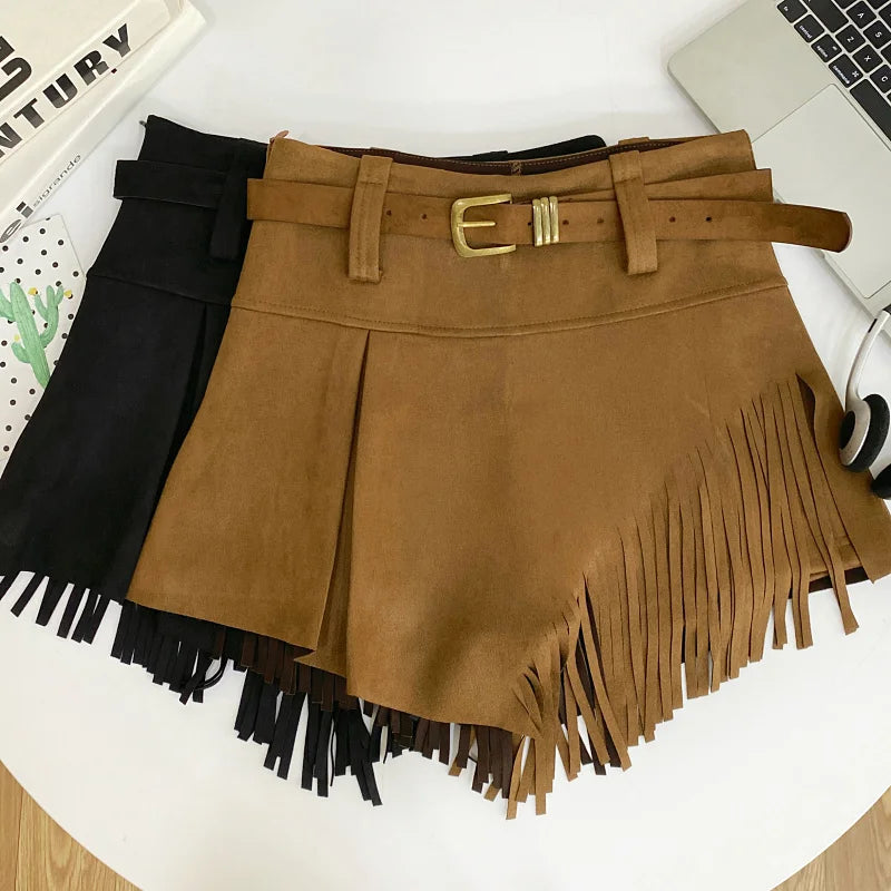 Tassel Detail Faux Suede Shorts