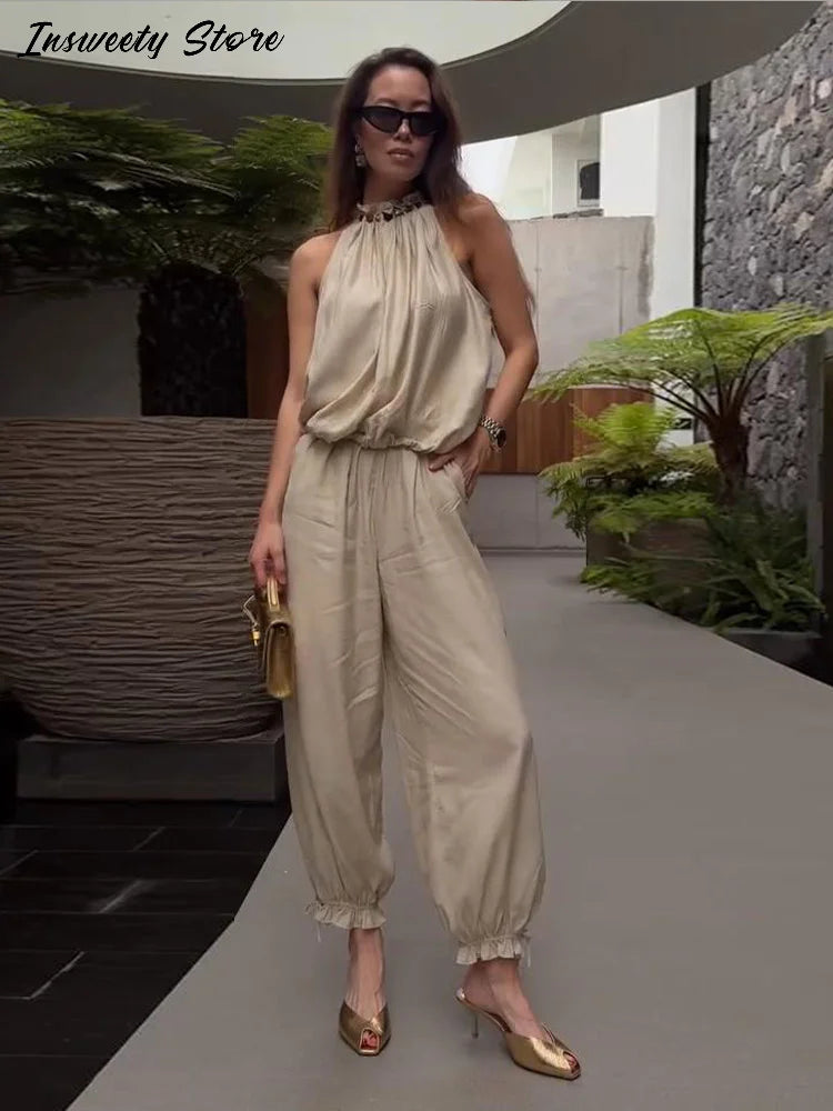 Beaded Halter Top And Lantern Pants Two Piece Set for Women