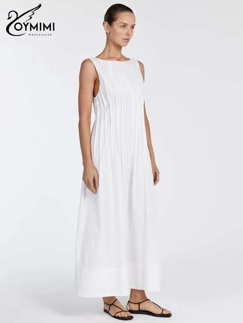 Oymimi Casual White Cotton Womens Dresses Fashion O-Neck Sleeveless Solid Dresses Elegant Open Back Ankle-Length Dress Female