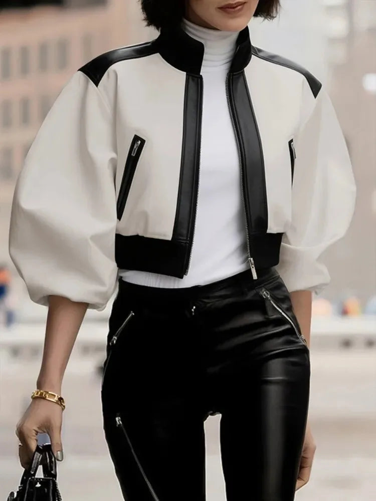Women's Fashion Faux Leather Contrast Color Stand Collar Zipper Jackets Puff Sleeves Loose Fit Casual Trendy Cropped Outerwears