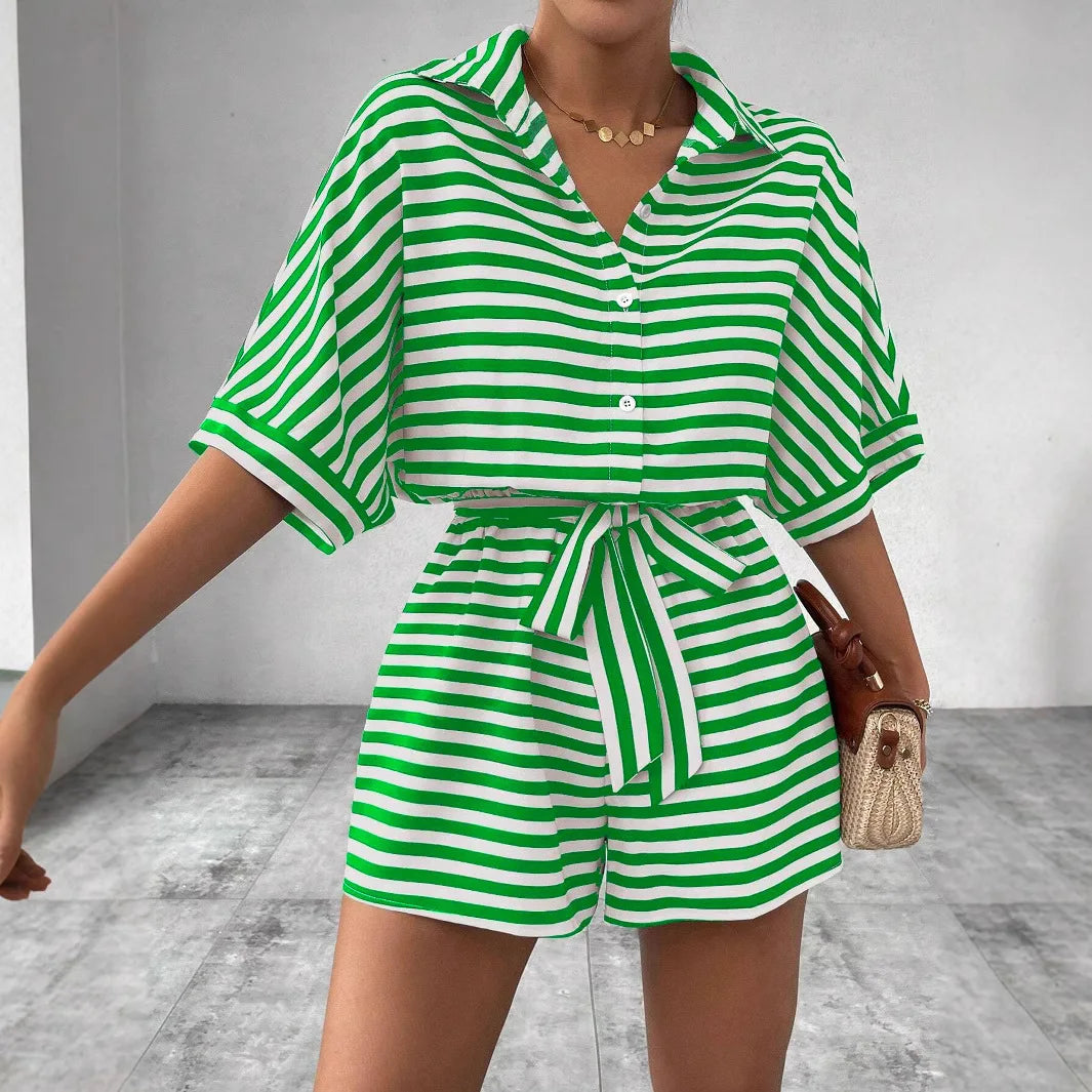 Casual Striped Batwing Sleeve Top And Shorts Set For Women