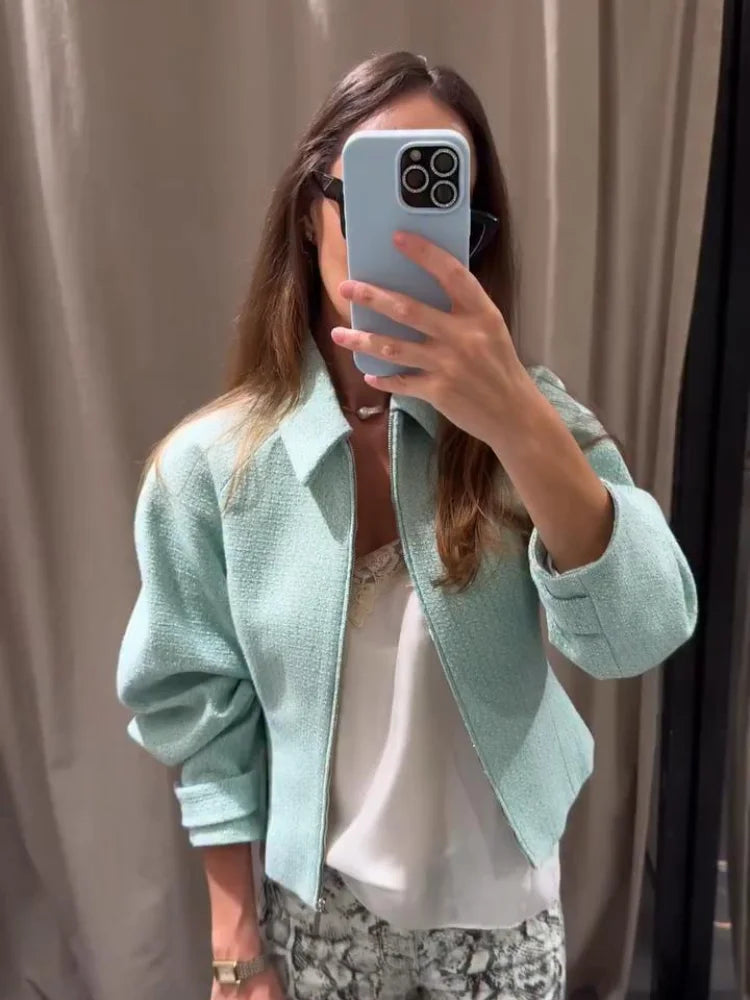 Chic Slim Fit Lapel Zipper Casual Short Coat for Women