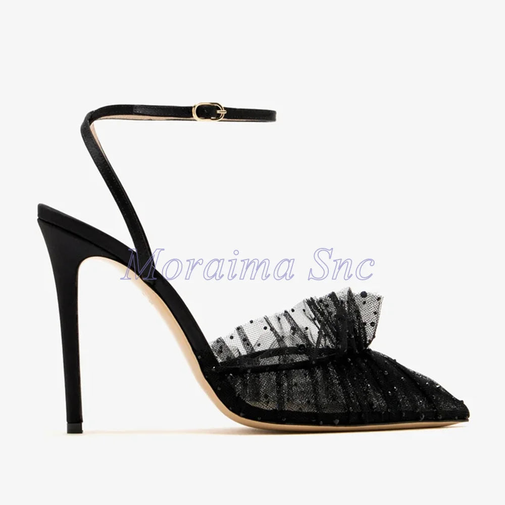 Pink Pointed Toe Ruffled Rhinestone Stiletto Sandals for Women