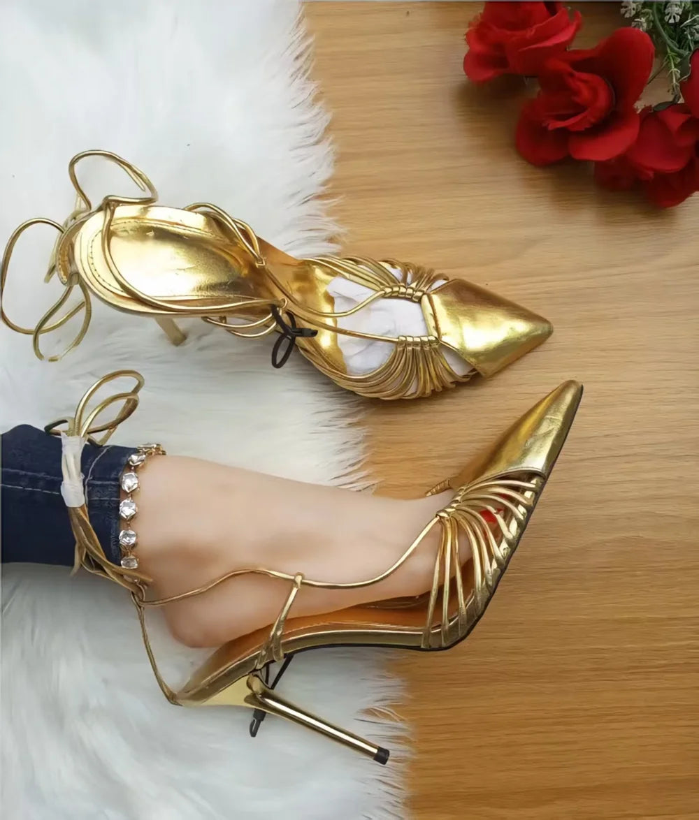 Gold Pointed Toe Ankle Strap Sandals