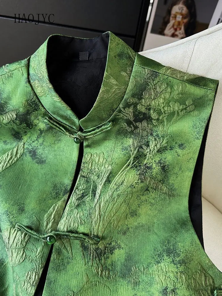 Green Chinese Style Embroidered Vest With Buckle for Women