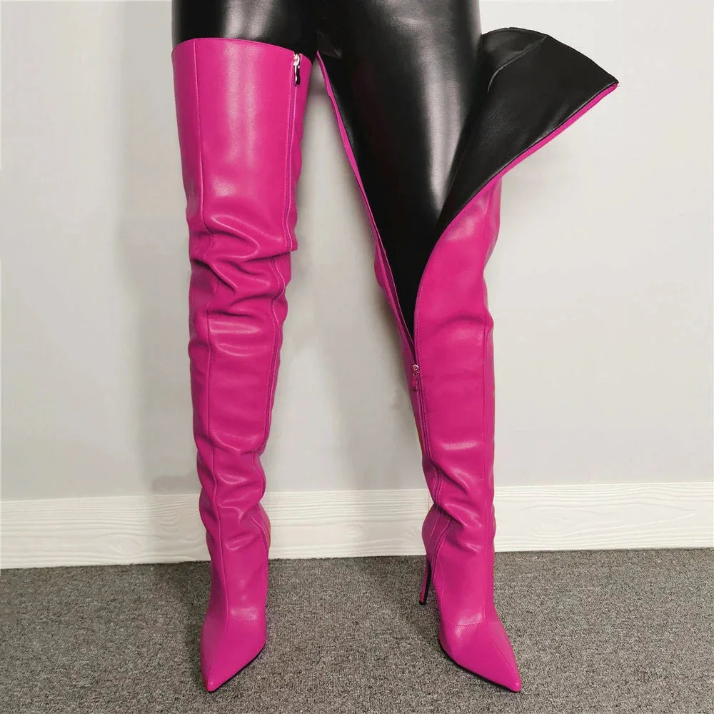 Fashion Leather Side Zipper Pointed Toe Stiletto Over The Knee Boots for Women