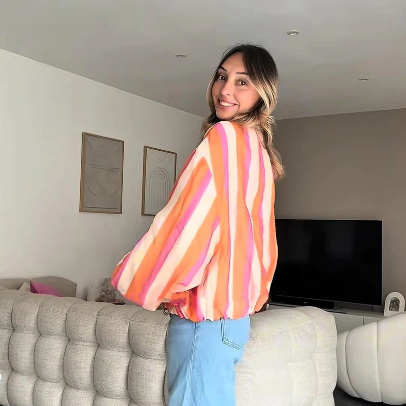 Elegant Striped with Stand Collar Jacket for Women