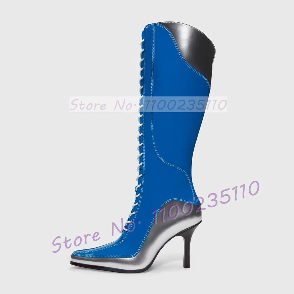 Blue Patent Leather Pointy Toe Knee High Boots for Women