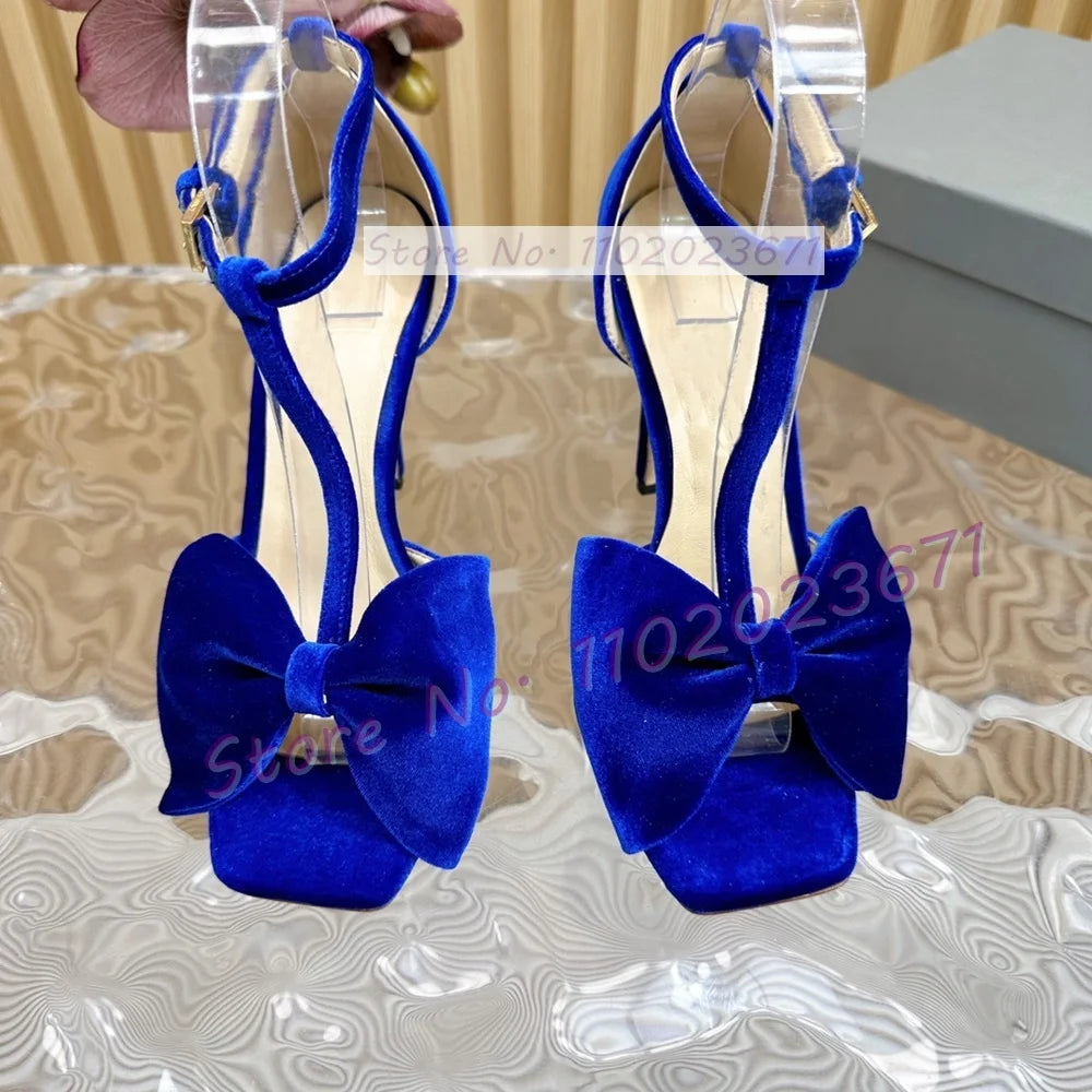 Bow-embellished Velvet Sandals Women's Luxury T Strap Square Toe High Heels Sandals Newest Luxury Party Trendy Cover Heel Shoes