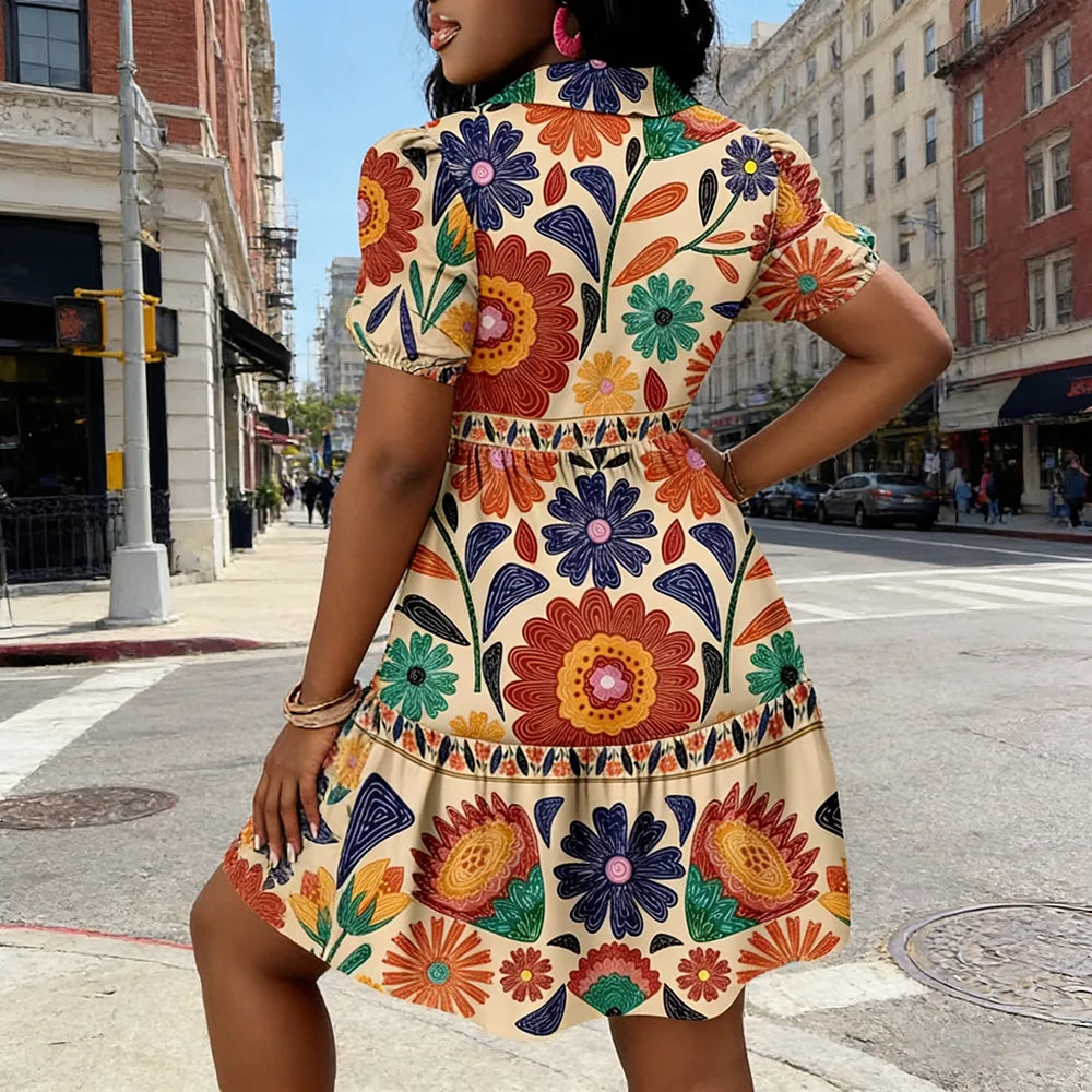 Vintage Floral Print Ruffle Mini Shirt Dress for Women