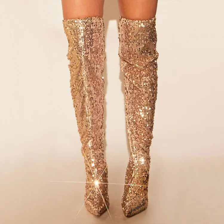 Sequin Pointed Toe Stiletto Over The Knee Boots for Women
